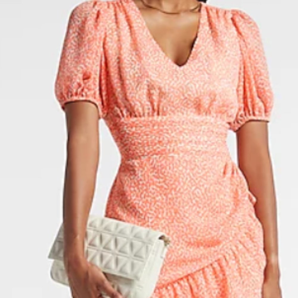 Express | Printed Ruffle Wrap Puff Sleeve Dress